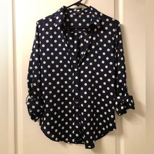 Ann Taylor Blue Polka Dot Button Down Blouse